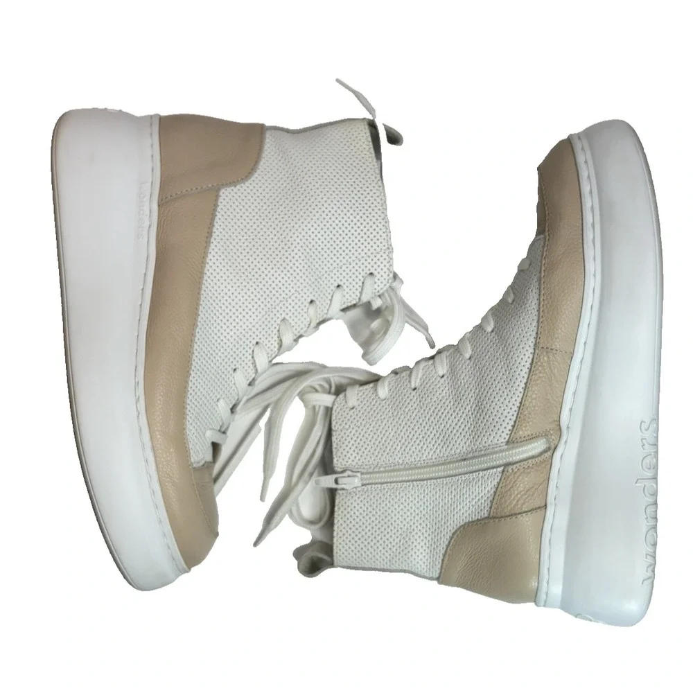 Wonders High Top Sneakers Trainers Womens White Tan Zip Lace Up Size 38 EU 8 US